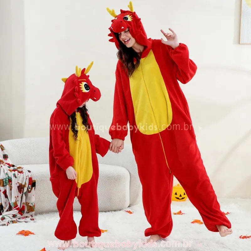Video Macacão Infantil e Adulto Kigurumi Fantasia de Dragão de Fogo Vermelho - Boutique Baby Kids