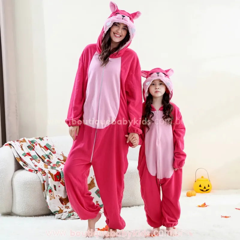 Video Macacão Infantil e Adulto Kigurumi Fantasia de Raposa Cor-De-Rosa - Boutique Baby Kids