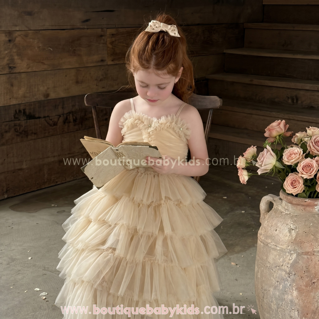 Video do Vestido Infantil Fleur de Champagne Luxo em Tule para Festas - Boutique Baby Kids