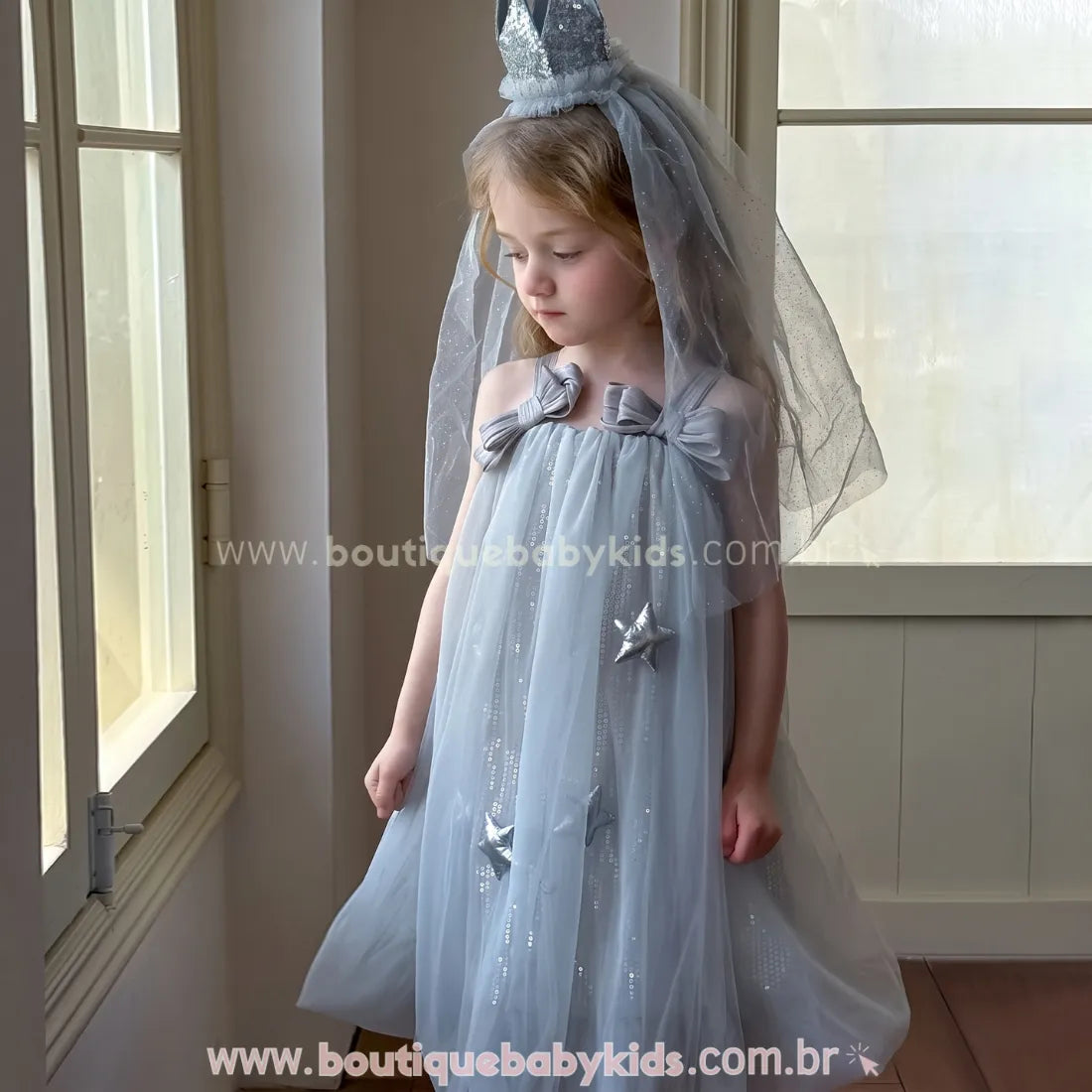 Video Vestido Infantil Estrelado Luar de Prata Balonê com Tule - Boutique Baby Kids