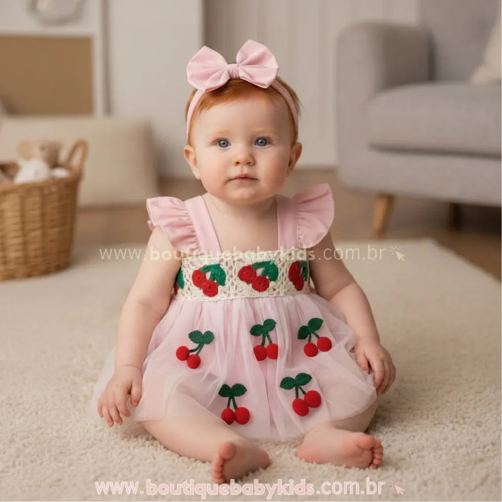 Romper Bebê Crochet Cereja com Faixa
