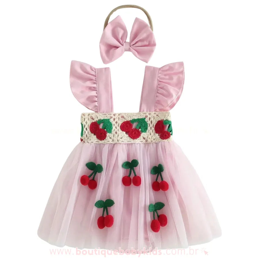 Romper Bebê Crochet Cereja com Faixa