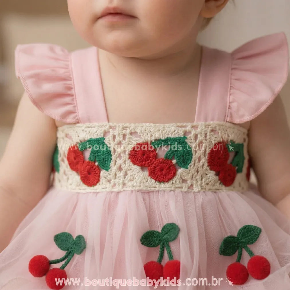 Romper Bebê Crochet Cereja com Faixa
