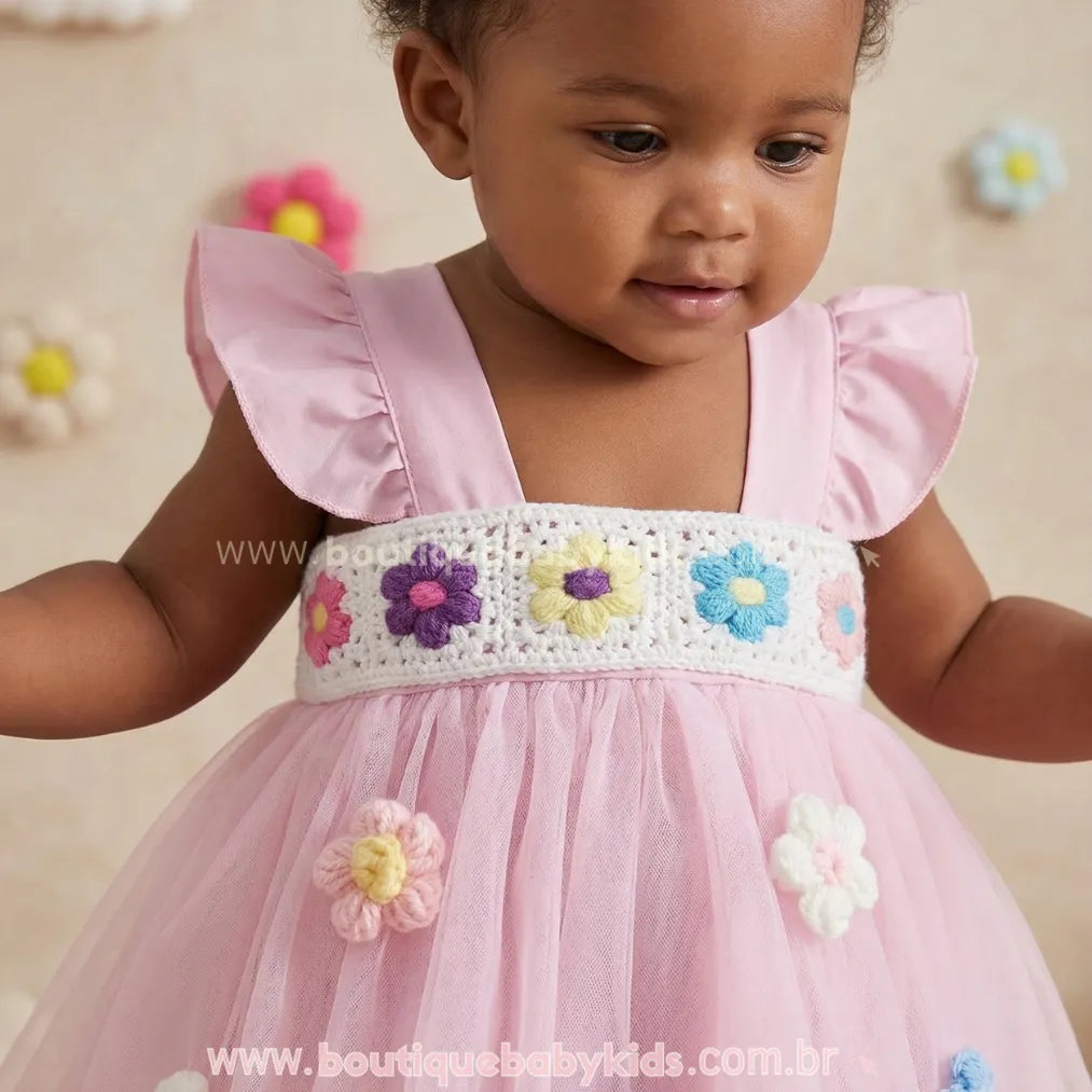 Romper Bebê Crochet Florzinha com Faixa em Tule Rosa - Boutique Baby Kids
