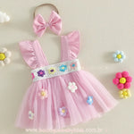 Romper Bebê Crochet Florzinha com Faixa em Tule Rosa - Boutique Baby Kids