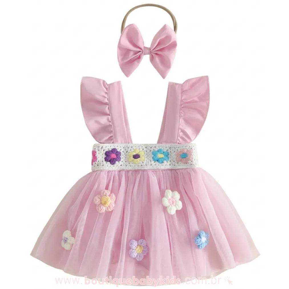Romper Bebê Crochet Florzinha com Faixa em Tule Rosa - Boutique Baby Kids