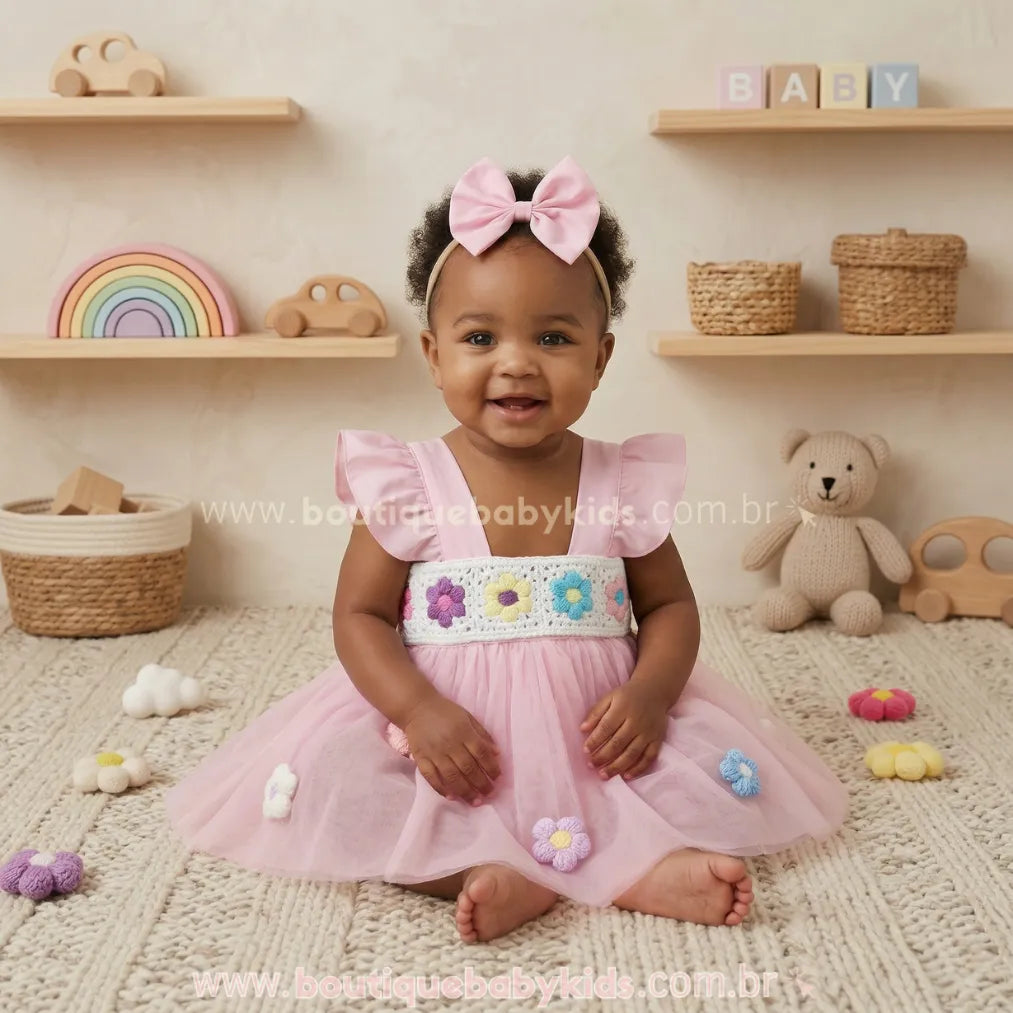 Romper Bebê Crochet Florzinha com Faixa em Tule Rosa - Boutique Baby Kids