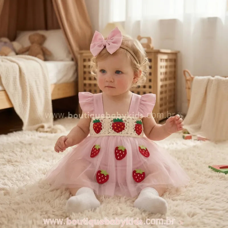 Romper Bebê Crochet Moranguinho com Faixa
