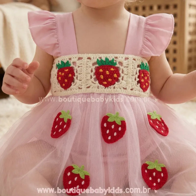 Romper Bebê Crochet Moranguinho com Faixa