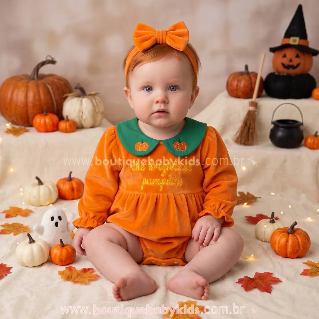 Romper Bebê Doce Abóborinha com Faixa para Halloween - Boutique Baby Kids