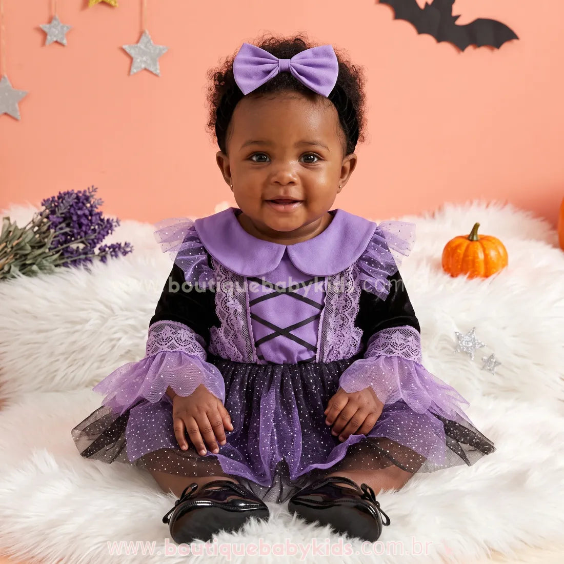 Romper Bebê Fantasia Bruxinha com Saia de Tule e Laço - Boutique Baby Kids