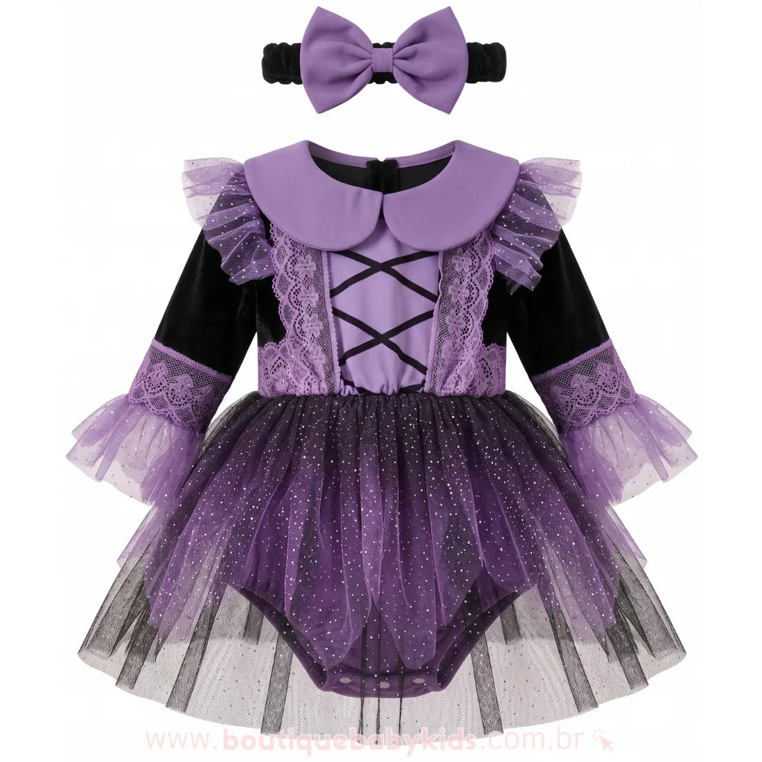 Romper Bebê Fantasia Bruxinha com Saia de Tule e Laço - Boutique Baby Kids