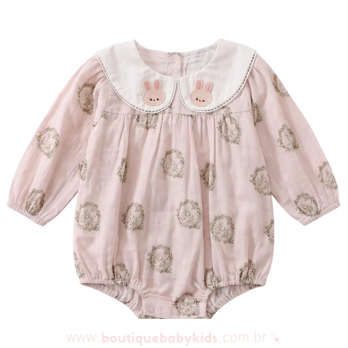 Romper Pimpão Bebê Jardim da Coelhinha Rosa com Gola Bordada - Boutique Baby Kids 