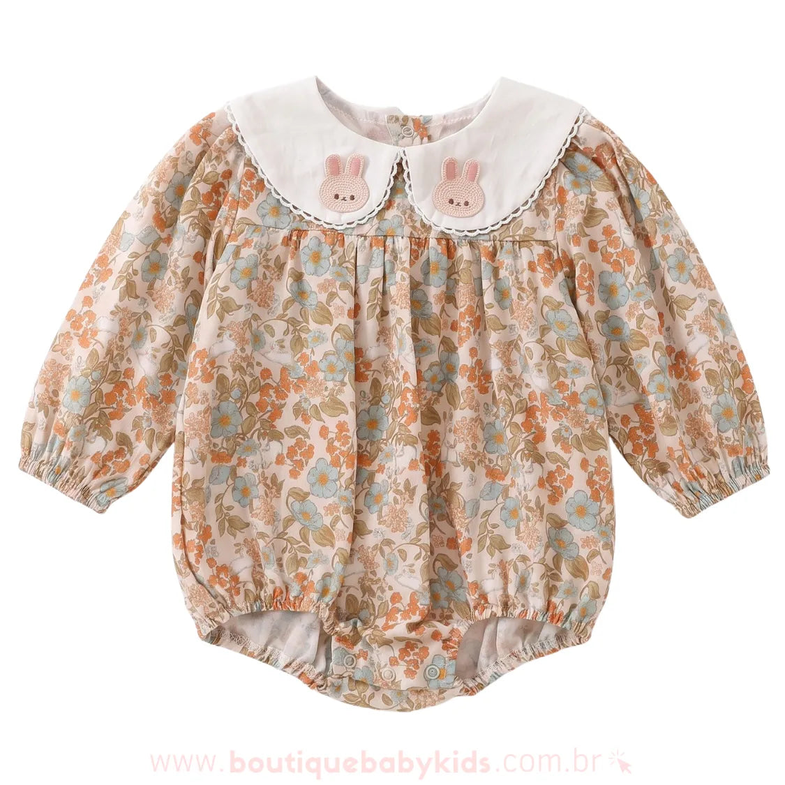 Romper Pimpão Bebê Jardim da Coelhinha Floral com Gola Bordada - Boutique Baby Kids 