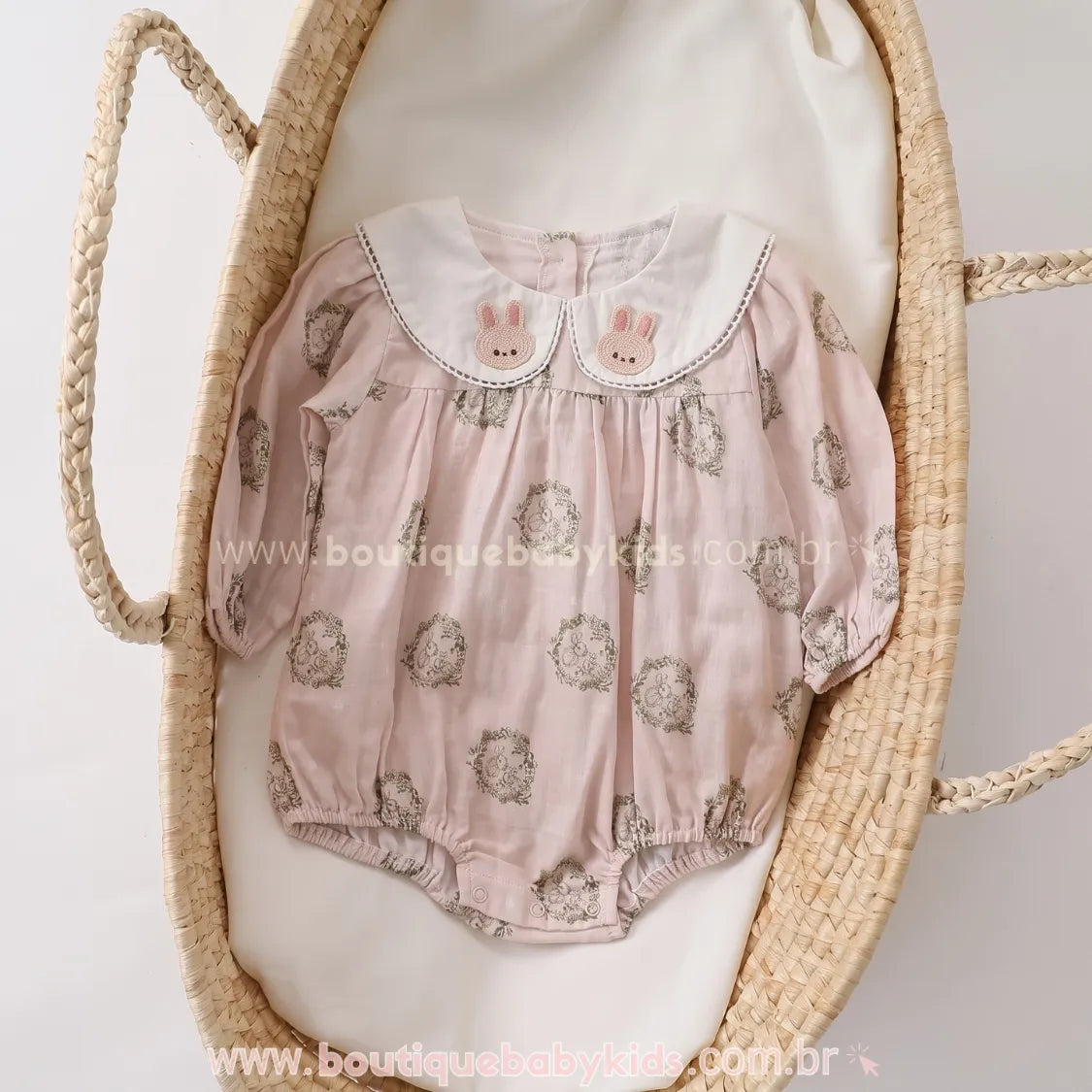 Romper Pimpão Bebê Jardim da Coelhinha Rosa com Gola Bordada - Boutique Baby Kids 