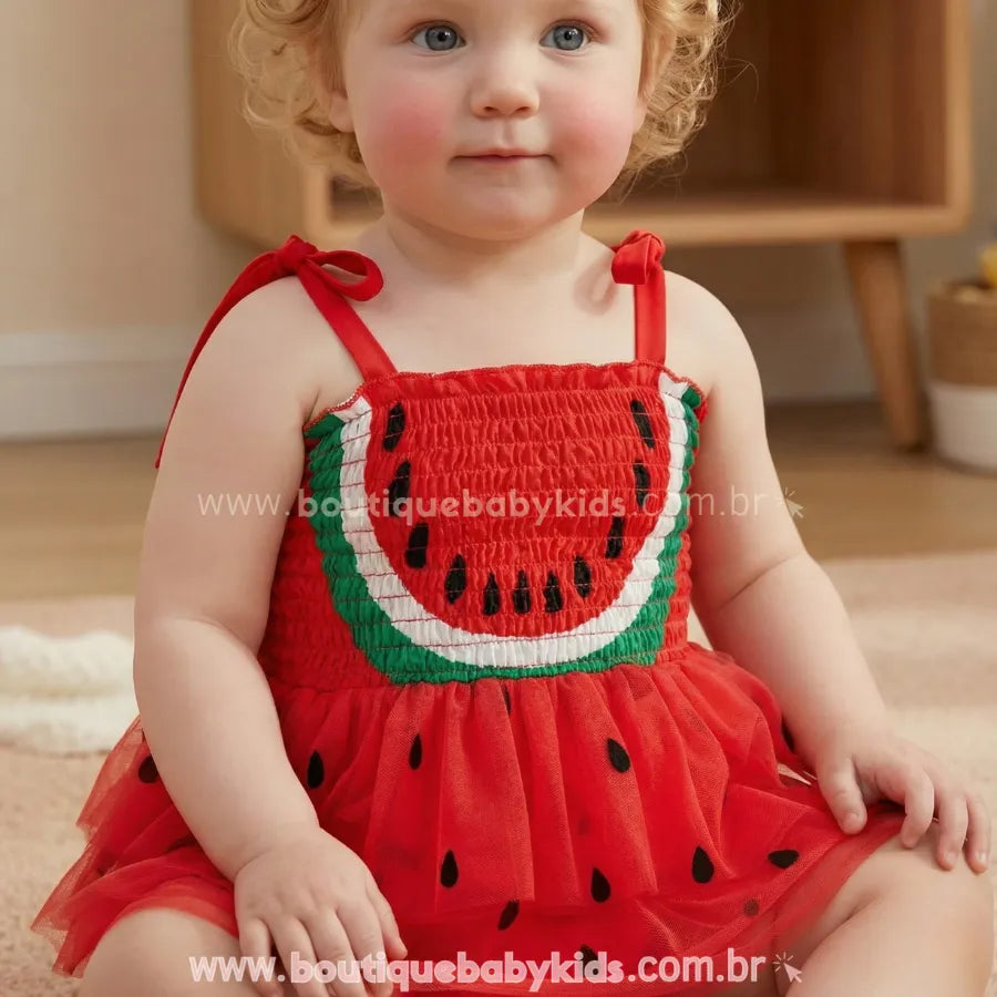Romper Vestido Bebê Melancia Tropical com Tule - Boutique Baby Kids