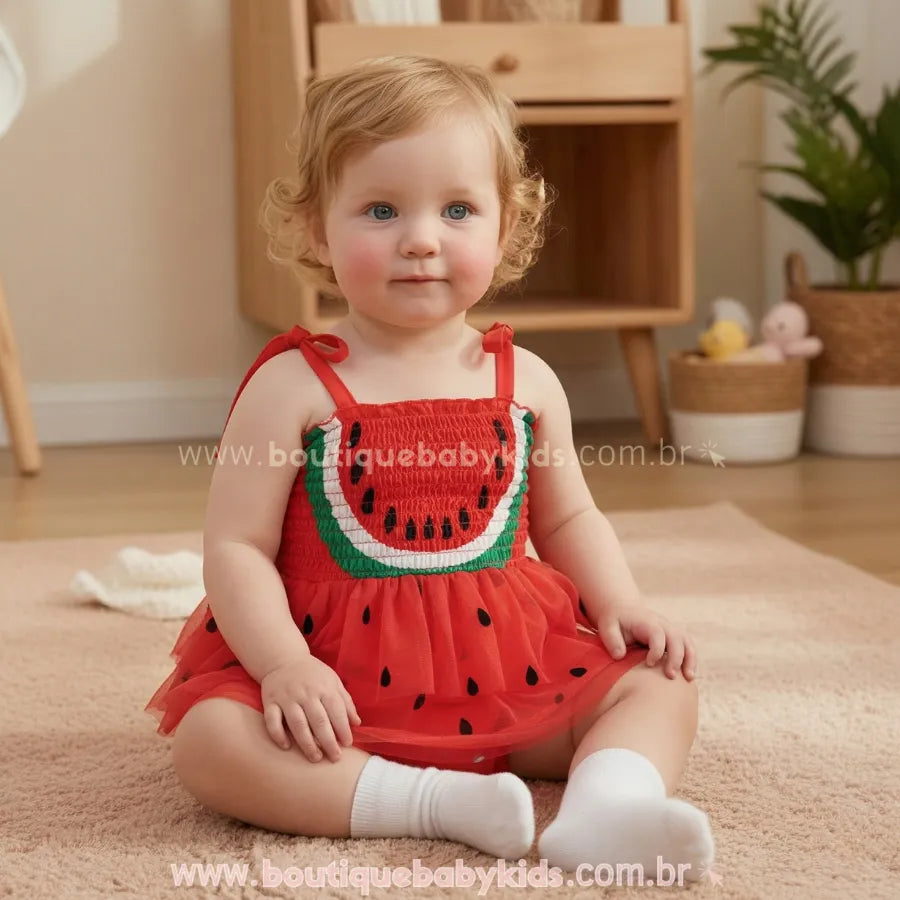 Romper Vestido Bebê Melancia Tropical com Tule - Boutique Baby Kids