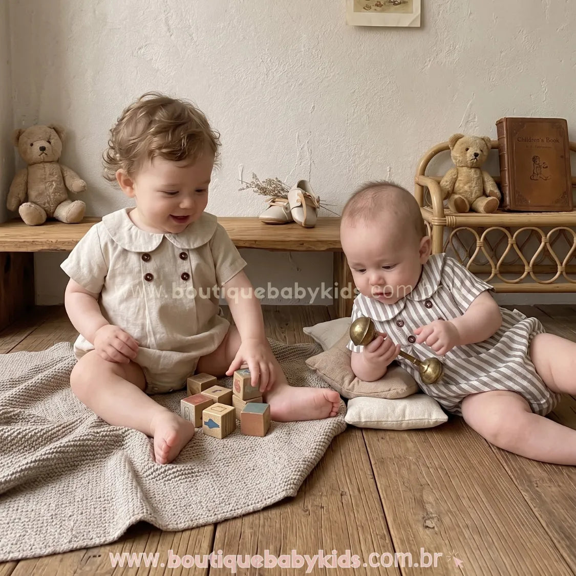 Romper Bebê Pequeno Cavalheiro com Gola Clássica Bege e Listrado- Boutique Baby Kids