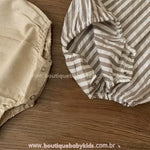 Romper Bebê Pequeno Cavalheiro com Gola Clássica Bege e Listrado- Boutique Baby Kids