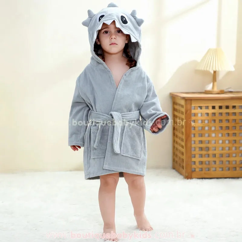 Roupão Infantil Temático Tubarãozinho do Mar com Capuz 3D Cinza - Boutique Baby Kids 