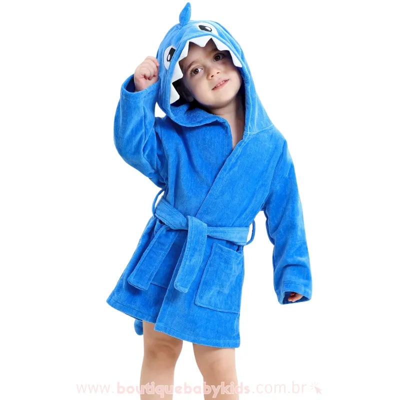 Roupão Infantil Temático Tubarãozinho do Mar com Capuz 3D Azul - Boutique Baby Kids 