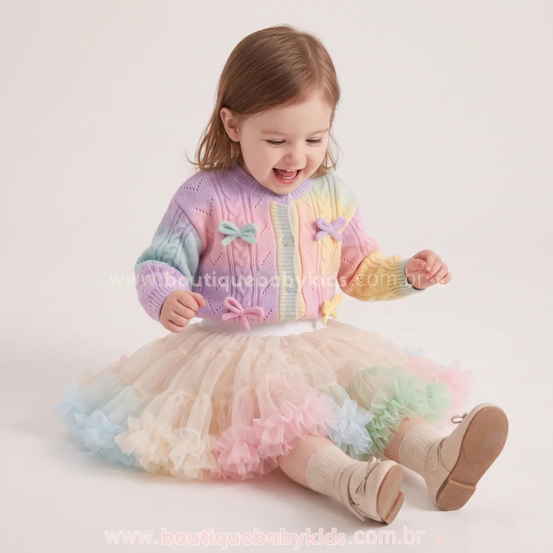 Saia Infantil Tutu Doce Bailarina com Tule e Babados Bege - Boutique Baby Kids 