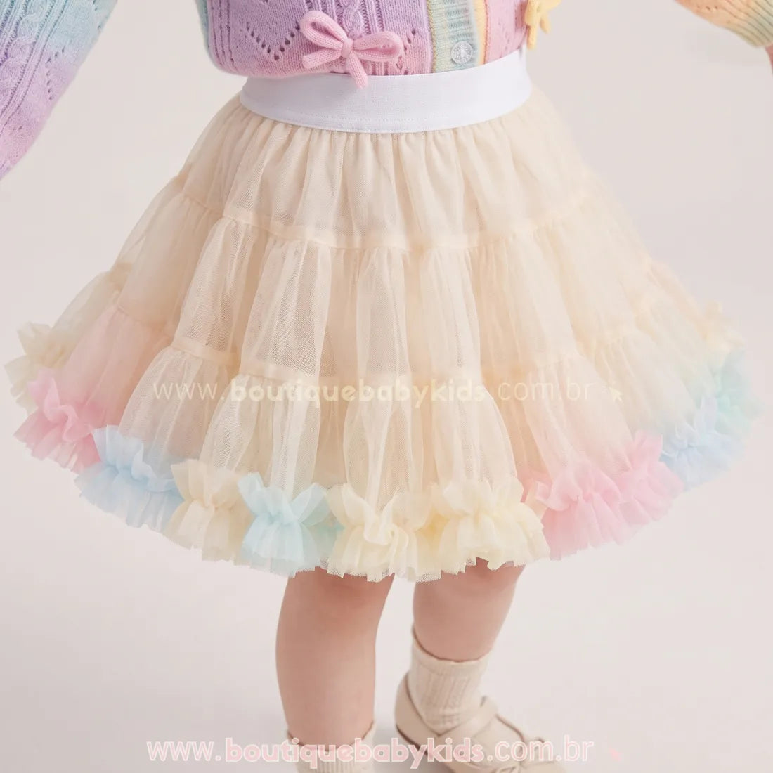 Saia Infantil Tutu Doce Bailarina com Tule e Babados Bege - Boutique Baby Kids 
