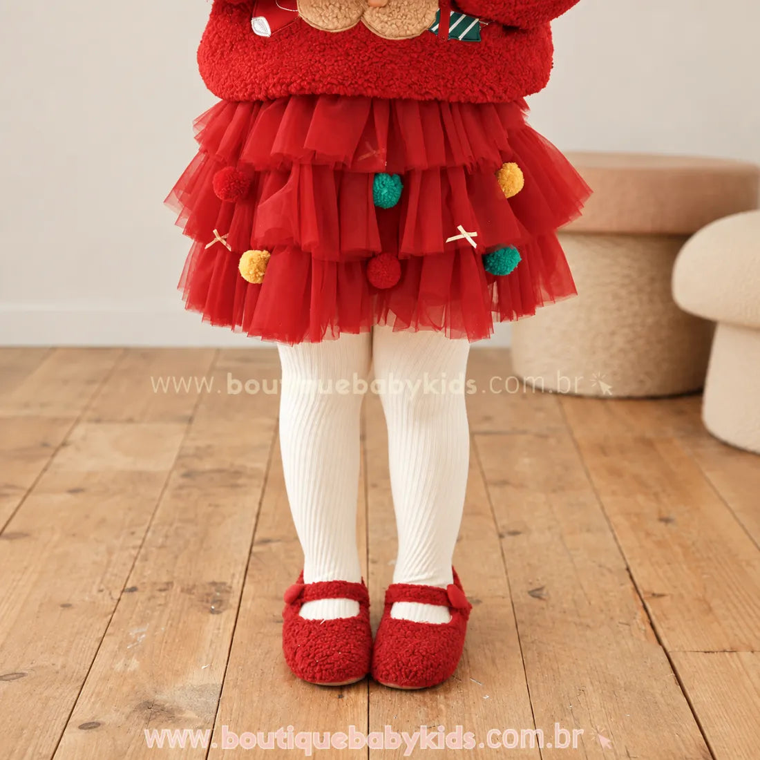 Saia Infantil Tutu Mini Árvore de Natal com Pompons Vermelho - Boutique Baby Kids 