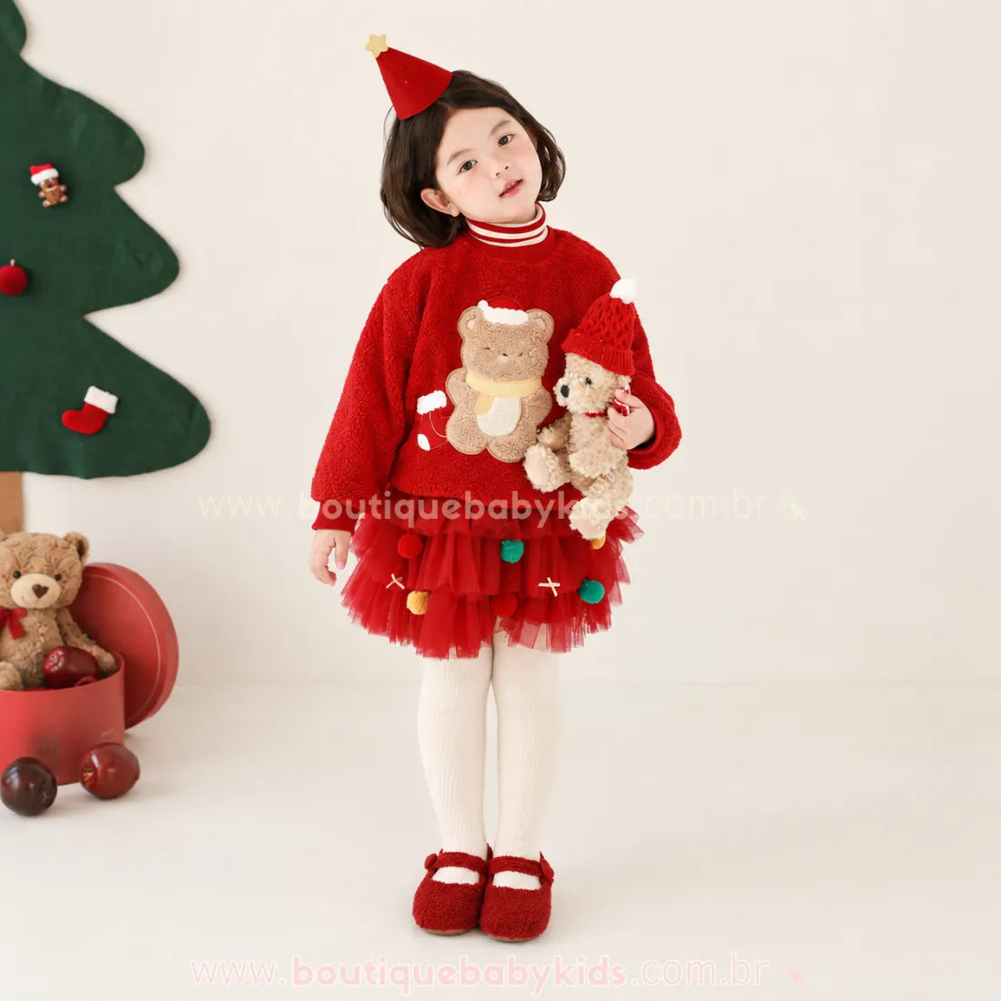 Saia Infantil Tutu Mini Árvore de Natal com Pompons Vermelho - Boutique Baby Kids 