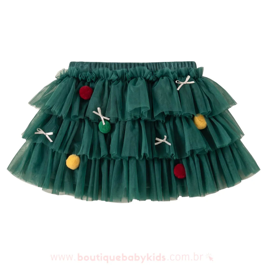 Saia Infantil Tutu Mini Árvore de Natal com Pompons Verde - Boutique Baby Kids #verde