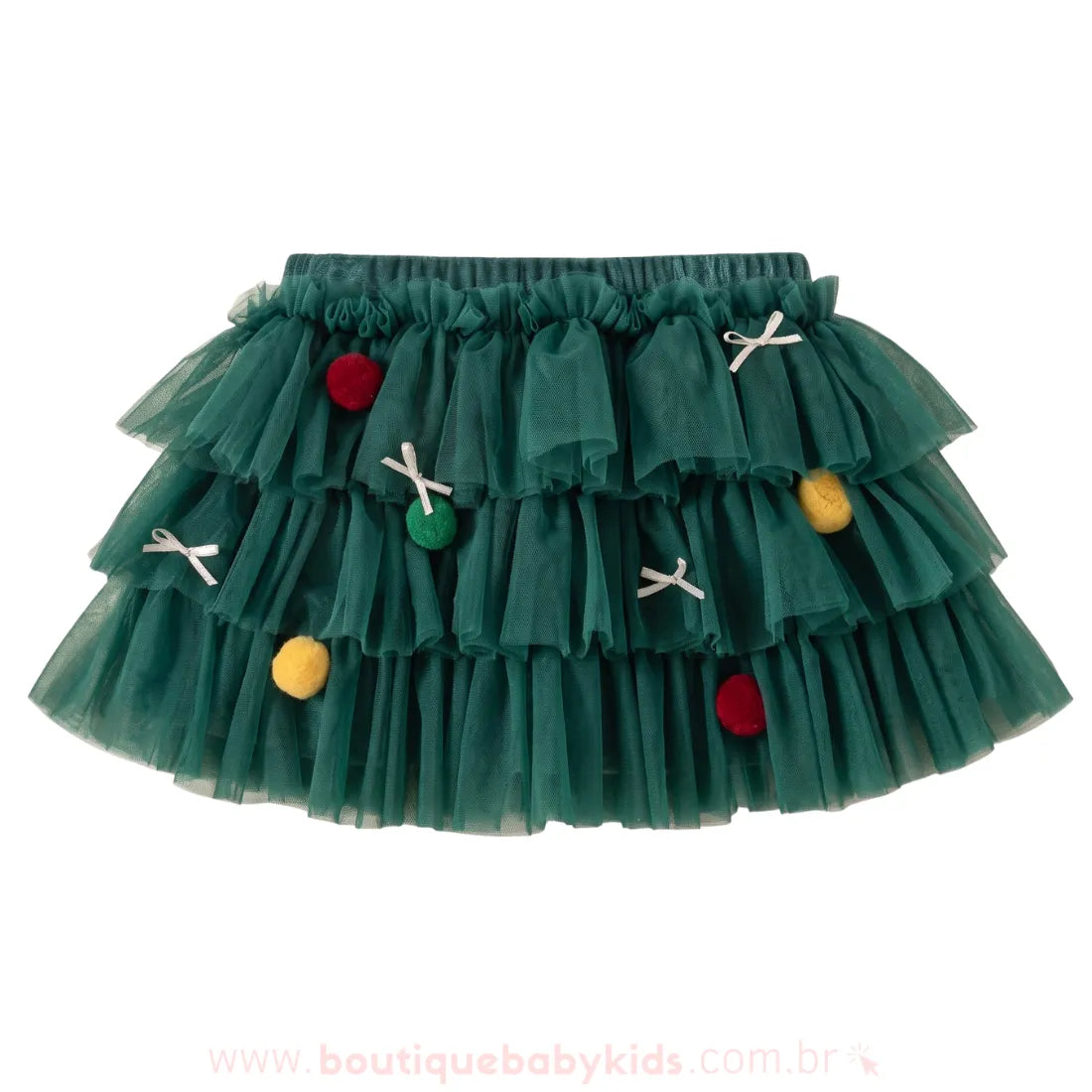 Saia Infantil Tutu Mini Árvore de Natal com Pompons Verde - Boutique Baby Kids 