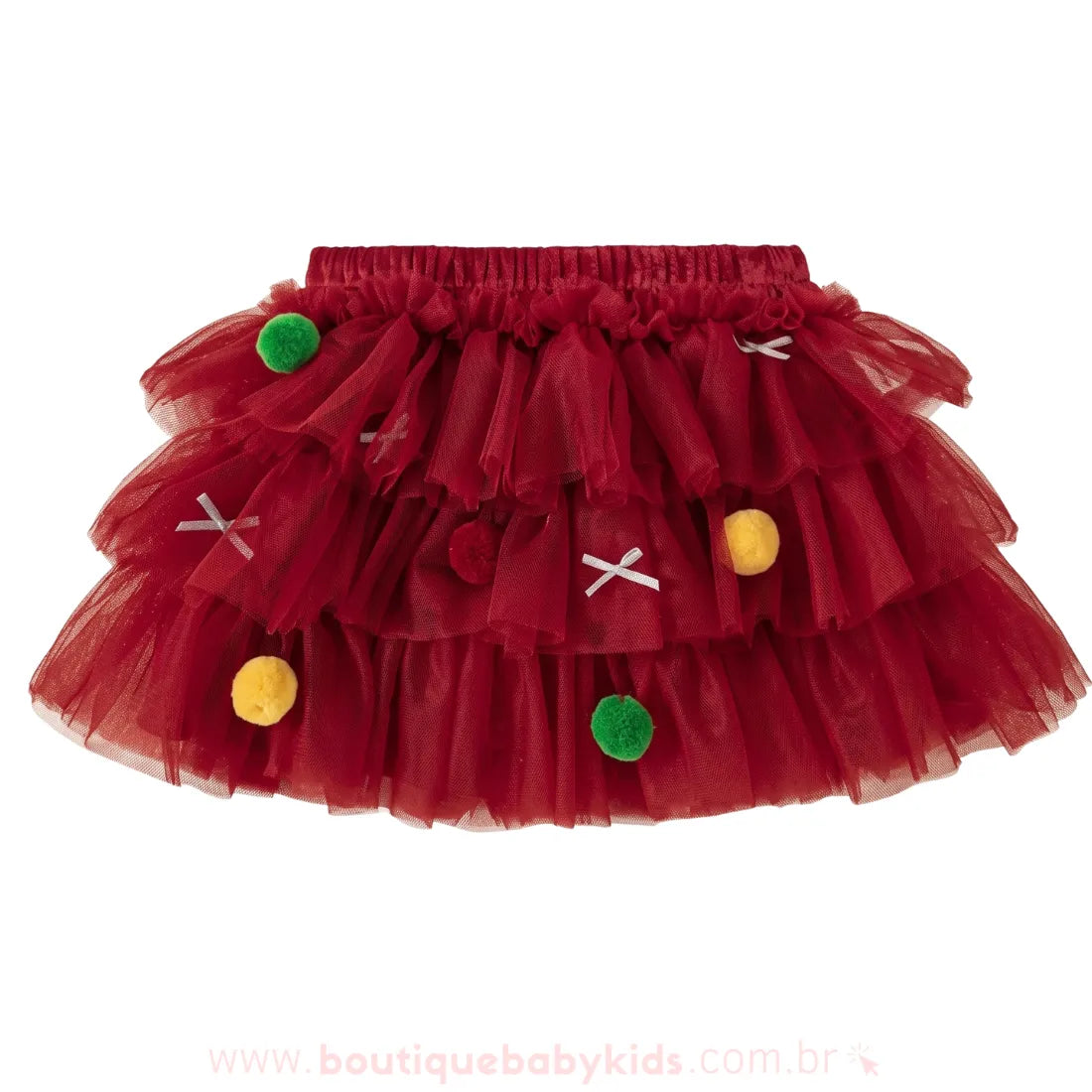 Saia Infantil Tutu Mini Árvore de Natal com Pompons Vermelho - Boutique Baby Kids 