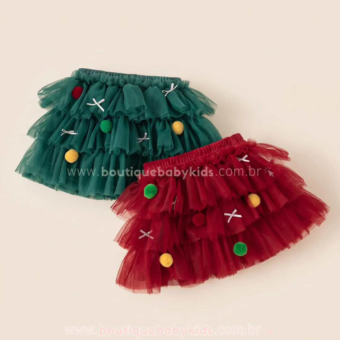 Saia Infantil Tutu Mini Árvore de Natal com Pompons - Boutique Baby Kids