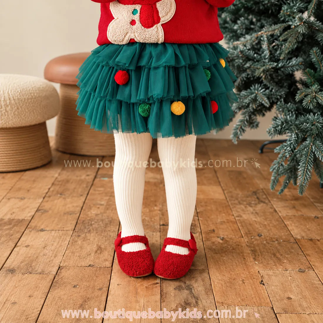 Saia Infantil Tutu Mini Árvore de Natal com Pompons - Boutique Baby Kids 