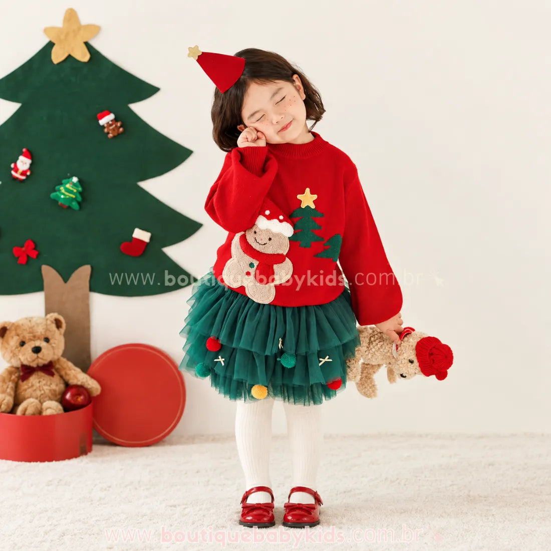 Saia Infantil Tutu Mini Árvore de Natal com Pompons - Boutique Baby Kids 