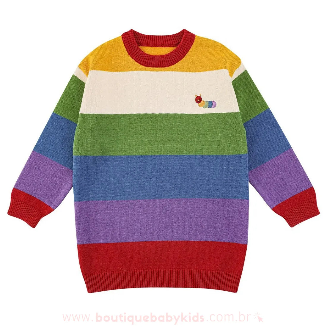 Suéter Infantil Tricot Alongado Listrado Arco-Íris com Bordado Lagarta - Boutique Baby Kids