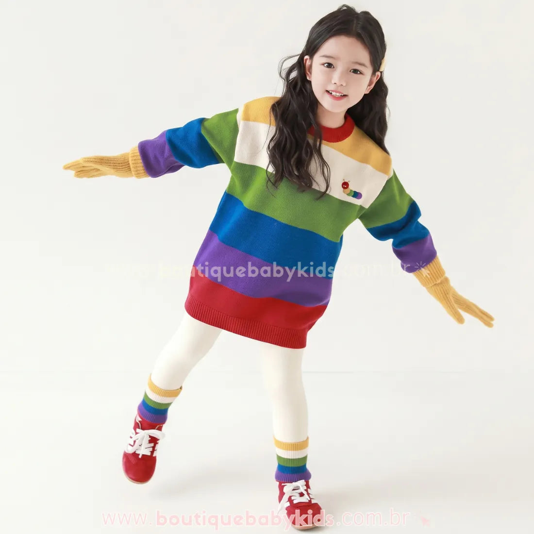 Suéter Infantil Tricot Alongado Listrado Arco-Íris com Bordado Lagarta - Boutique Baby Kids