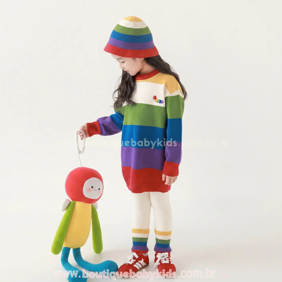 Suéter Infantil Tricot Alongado Listrado Arco-Íris com Bordado Lagarta - Boutique Baby Kids