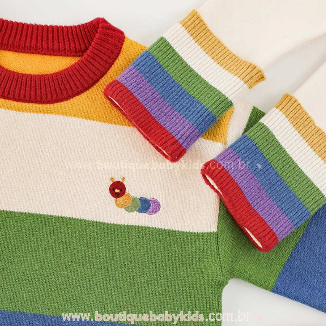Suéter Infantil Tricot Alongado Listrado Arco-Íris com Bordado Lagarta - Boutique Baby Kids