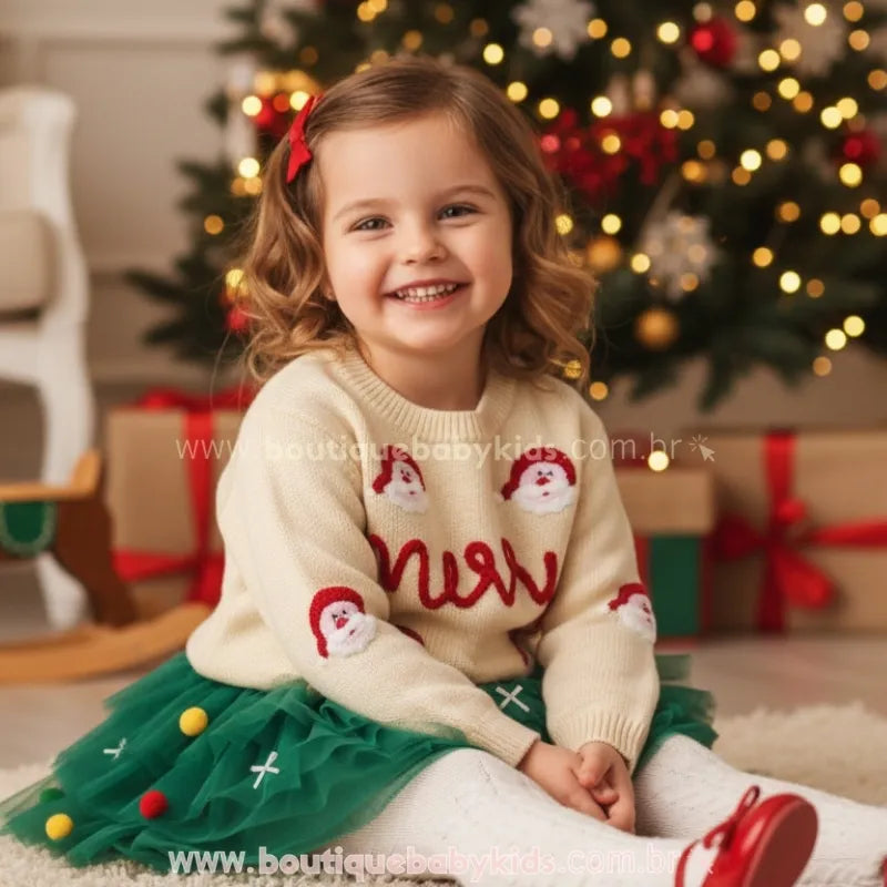 Suéter Infantil Tricot Natalino Bordado Papai Noel Merry Bege - Boutique Baby Kids 