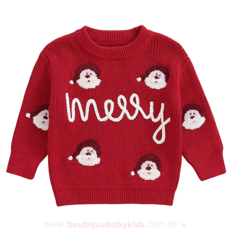 Suéter Infantil Tricot Natalino Bordado Papai Noel Merry Vermelho - Boutique Baby Kids 