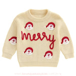 Suéter Infantil Tricot Natalino Bordado Papai Noel Merry Bege - Boutique Baby Kids 