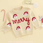 Suéter Infantil Tricot Natalino Bordado Papai Noel Merry Bege - Boutique Baby Kids 