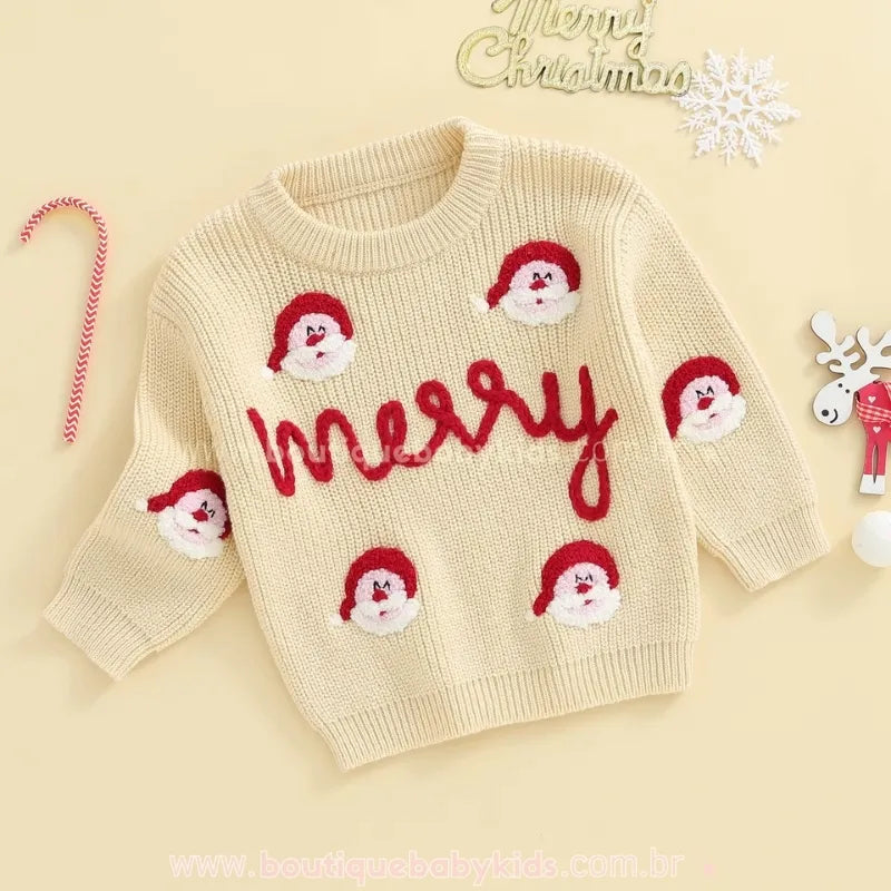 Suéter Infantil Tricot Natalino Bordado Papai Noel Merry Bege - Boutique Baby Kids 