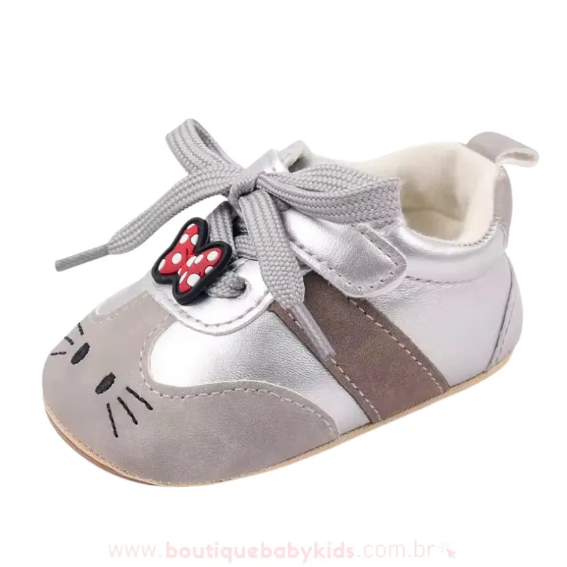 Tênis Bebê Primeiros Passos Gatinha Hello Kitty – Couro Ecológico Cinza - Boutique Baby Kids #cinza