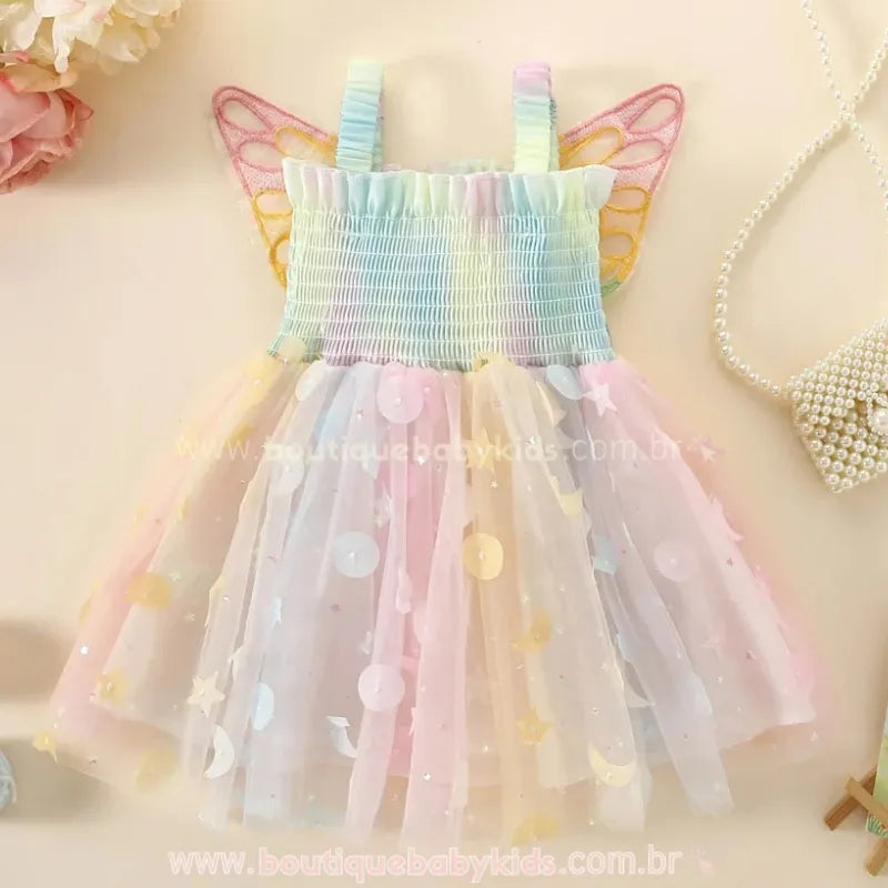 Vestido Bebê Fantasia Borboletinha Mágica – Asas 3D e Tule Colorido - Boutique Baby Kids