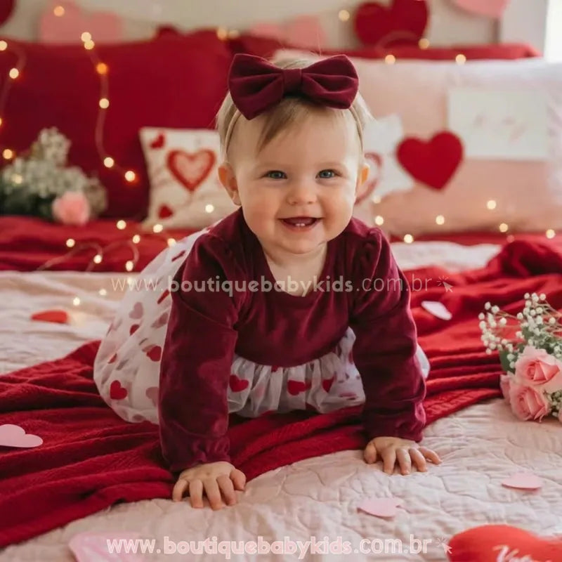 Vestido Bebê Veludo Corações de Amor com Tule e Faixa - Boutique Baby Kids