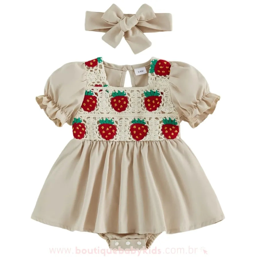 Vestido Bebê Crochet Moranguinho com Faixa Bege