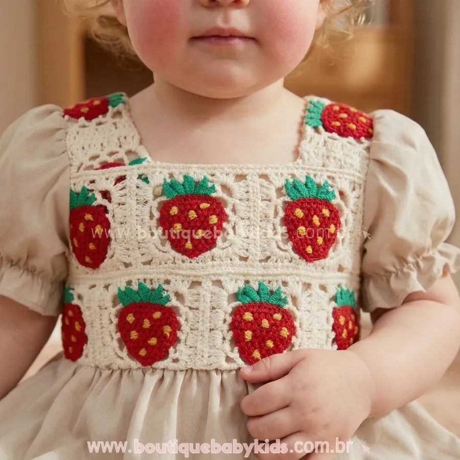 Close up de bebê bestindo o Vestido Bebê Crochet Moranguinho com Faixa Bege mostrando os detalhes do crochet