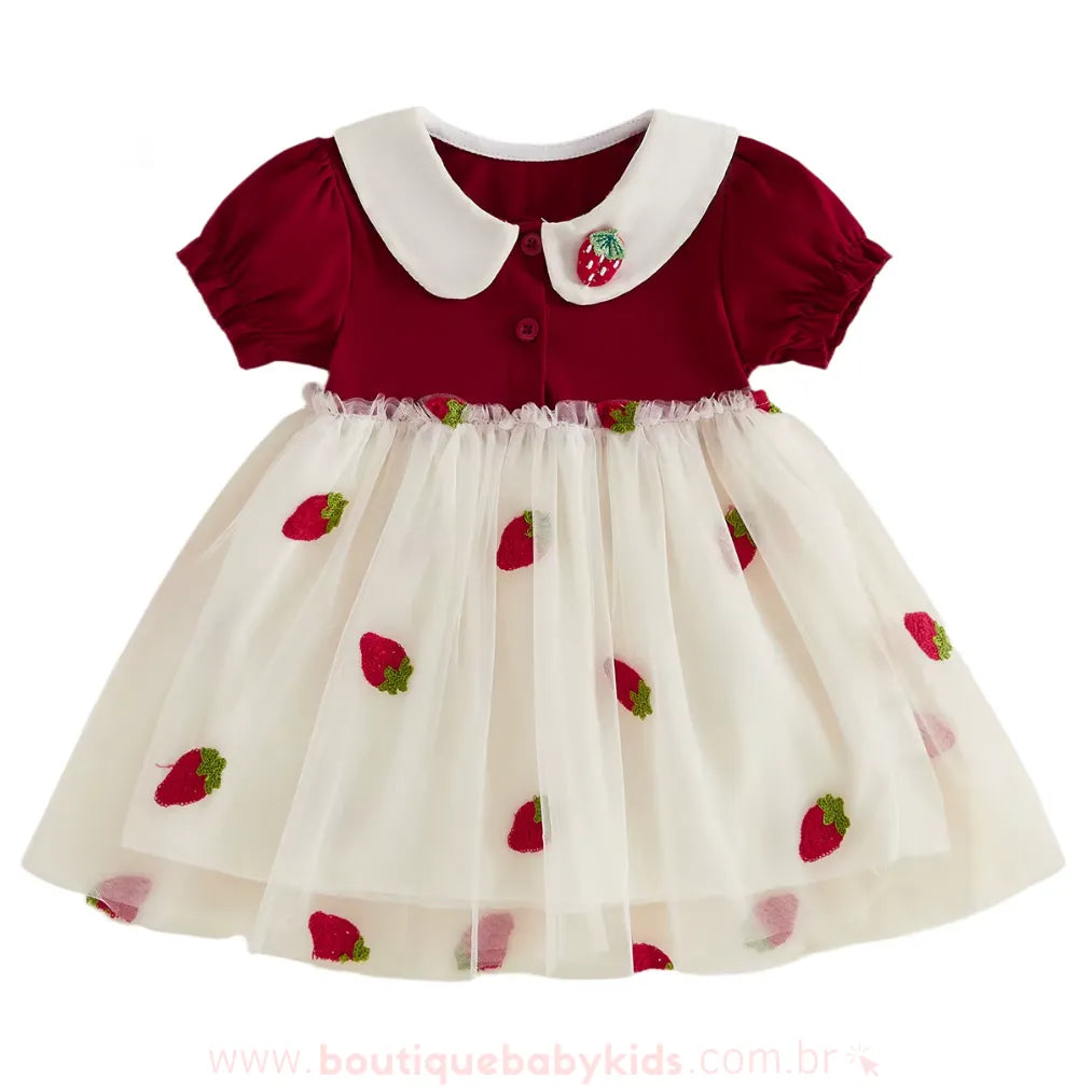 Vestido Bebê Doce Moranguinho com Tule e Gola Clássica - Boutique Baby Kids